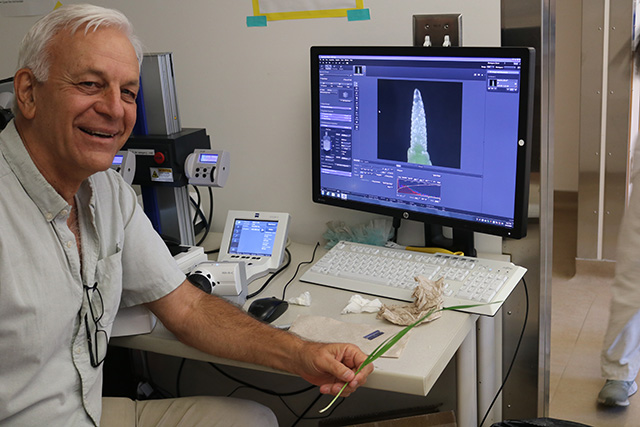 Smiling older man at computer showing imagery on monitor. UC Davis Department of Plant Sciences
