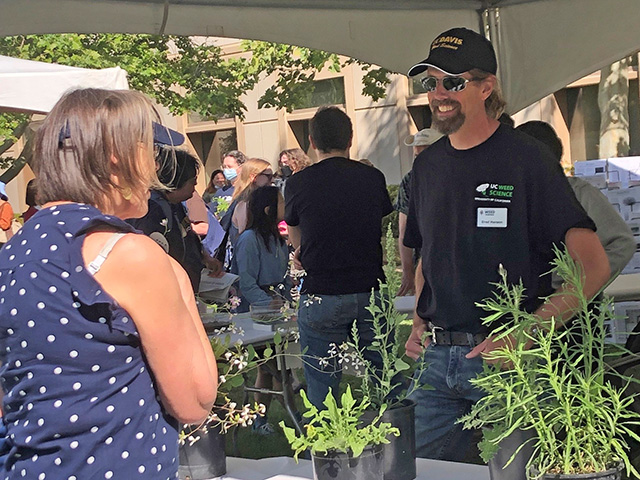 Smiling man in black cap and beard talking with customer at outdoor plant stall. UC Davis Department of Plant Sciences
