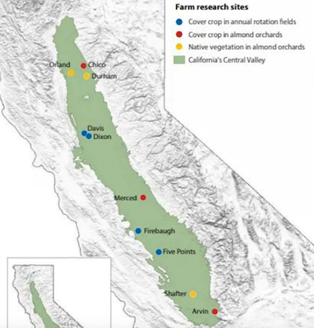 A map of California, with the Central Valley marked in green and 10 dots are on the greetn