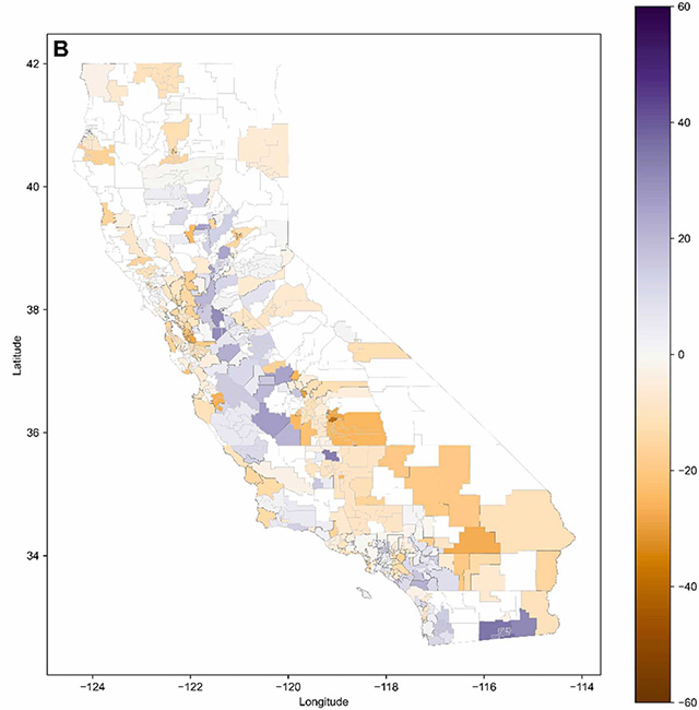 A map of California showing yellow and purple areas.