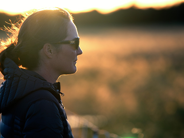 Profile of a woman with sunglasses against a sunset, surrounded by a golden field.
