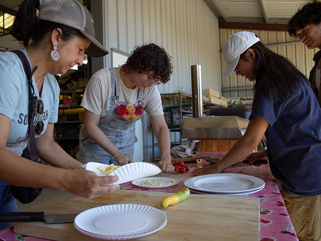 A woman and four young people bent over a table, holding knives and chopping things.