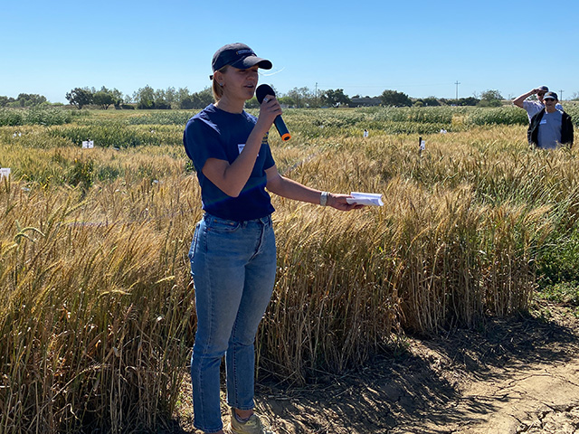 A woman wearing a ball cap and standing in front of golden grain in a field.