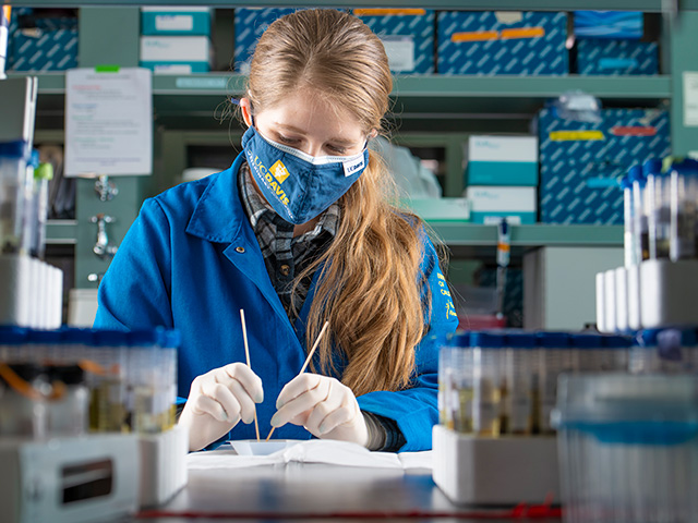 A woman in a lab wearing a blue labcoat and white gloves, poking with instruments at something on a metal countertop.