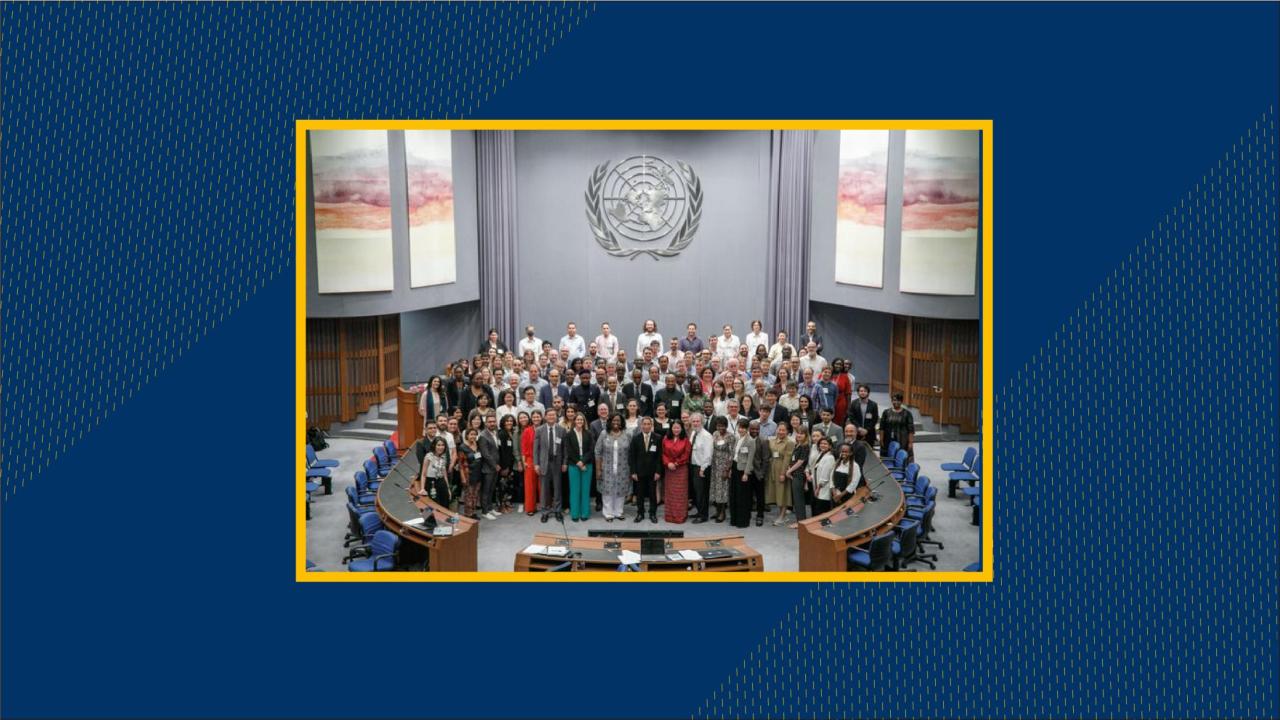 large group of people in a large room with the United Nations symbol above them on the back wall