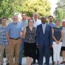 Meeting at UC Davis Plant Sciences were (from left): Valerie Eviner, Pat J. Brown, Charlie Brummer, Jeff Ross-Ibarra, Dept. Chair Gail Taylor, John Palmer, Chancellor Gary May, Brian Bailey, Amelie Gaudin, Associate Dean Mary Delany, and Allen Van Deynze. (photo: Ann Filmer/UC Davis)