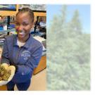 Woman in a lab holding dried leaves in her hand