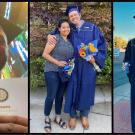 Three  images together: A very happy man wearing a blue mortarboard and holding a certificate; the man with a happy woman; the man walking jauntily on a street in a long blue robe, blue mortarboard and holding a beverage.